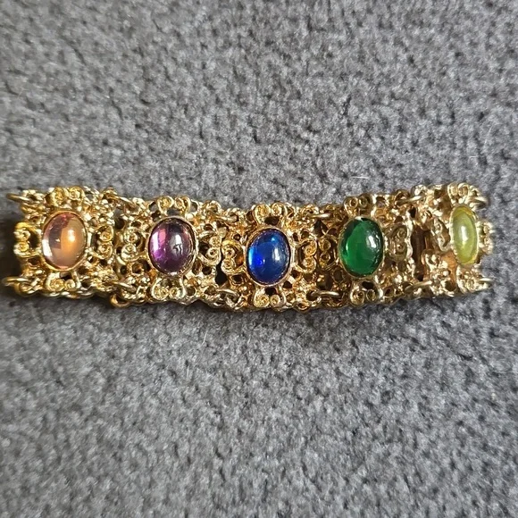 Vintage Gold Tone Ornate Bracelet with Multicolor Stones VGUC - Picture 11 of 14